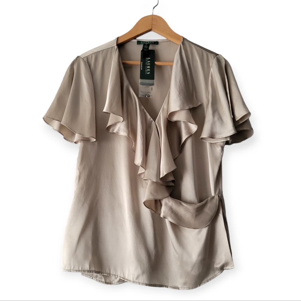 Lauren Ralph Lauren Silk Ruffle Trim V-Neck Tan Short Sleeve Top New